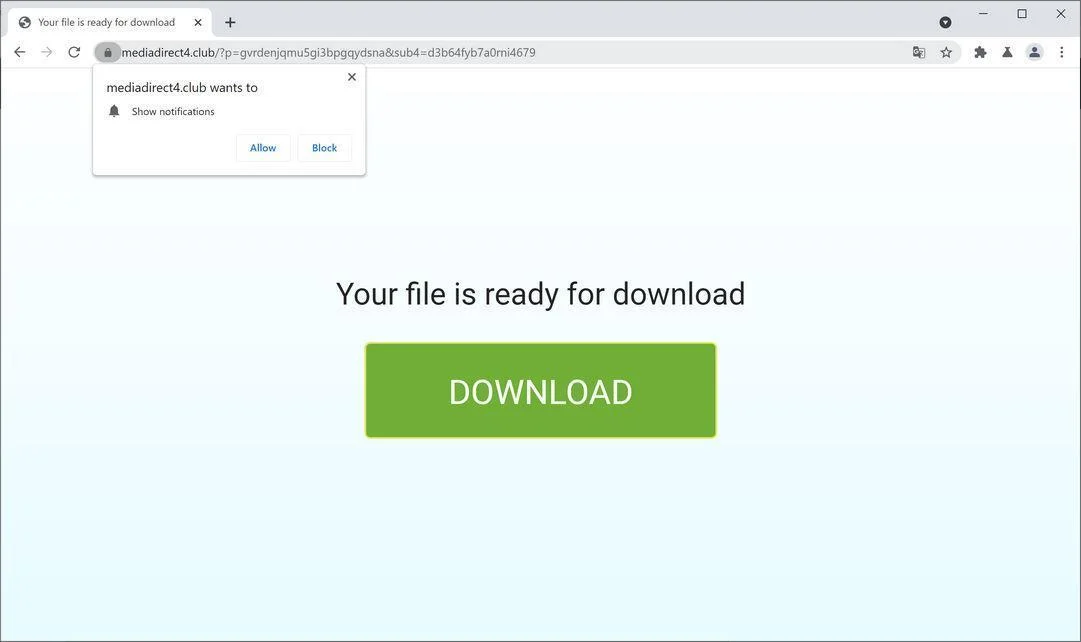 Image: Chrome browser is redirected to Mediadirect4.club
