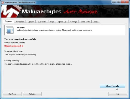 Malwarebytes Chameleon scan results