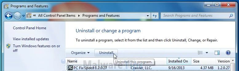 [Image: Uninstall PC Fix Speed program from Windows]