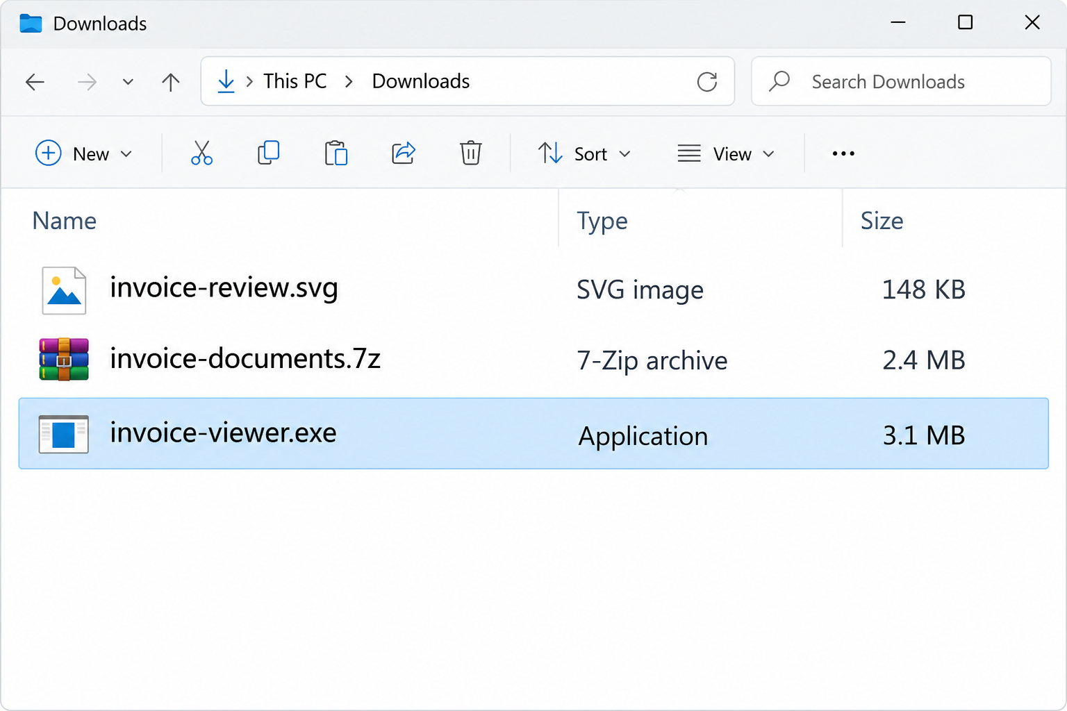 Illustrative Downloads folder showing a document-themed SVG, an archive, and an executable application rather than an invoice PDF
