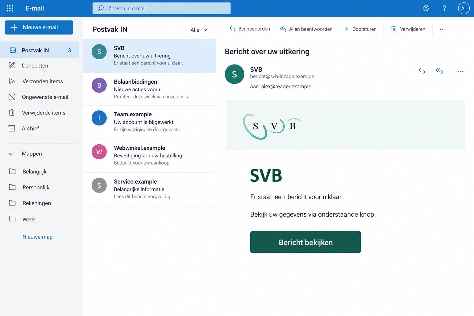 Illustrative SVB impersonation email inviting a reader to an unverified message through fictional addresses