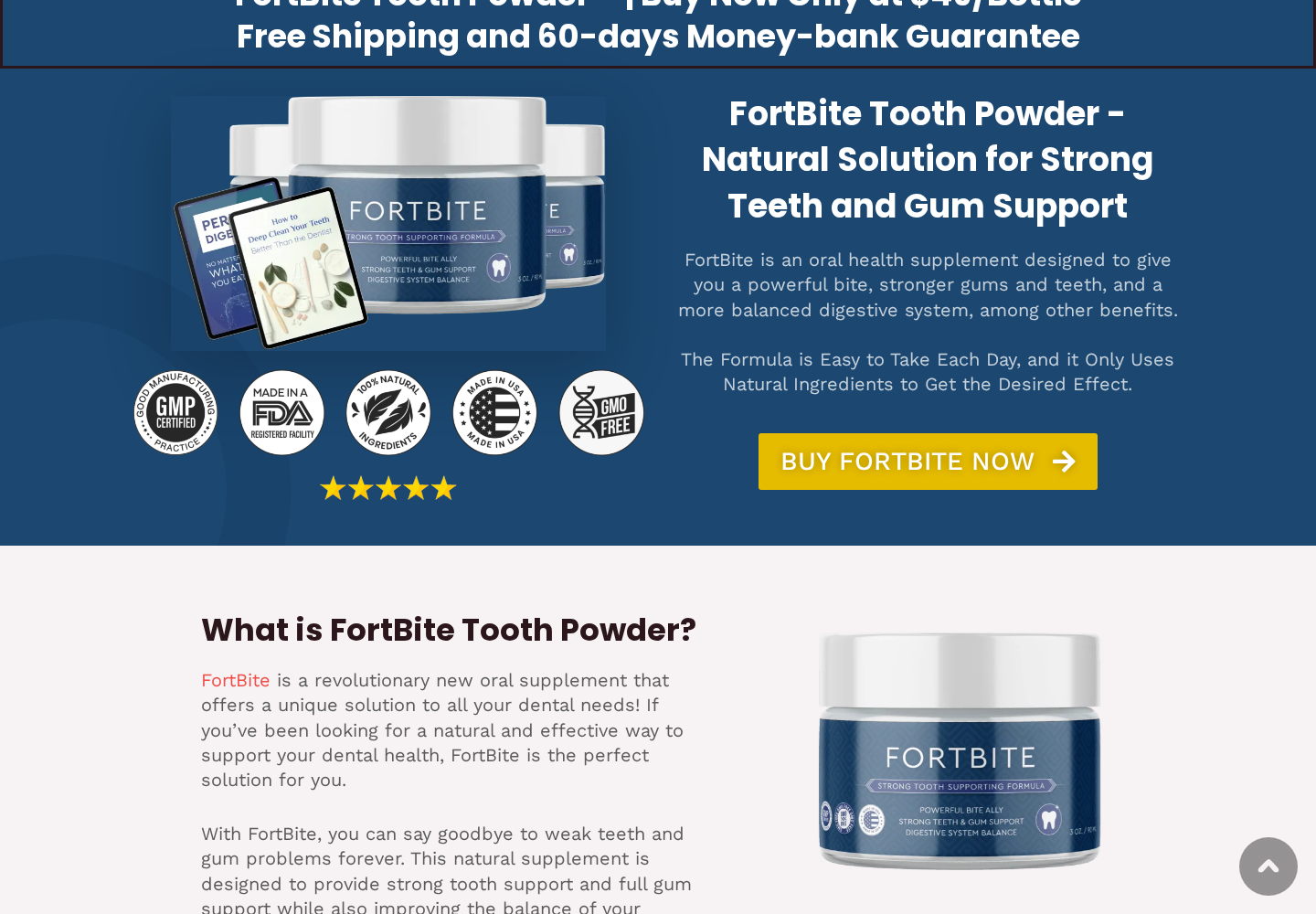 FortBite Tooth Powder promotion displaying product jars, health claims, badges, and an order button