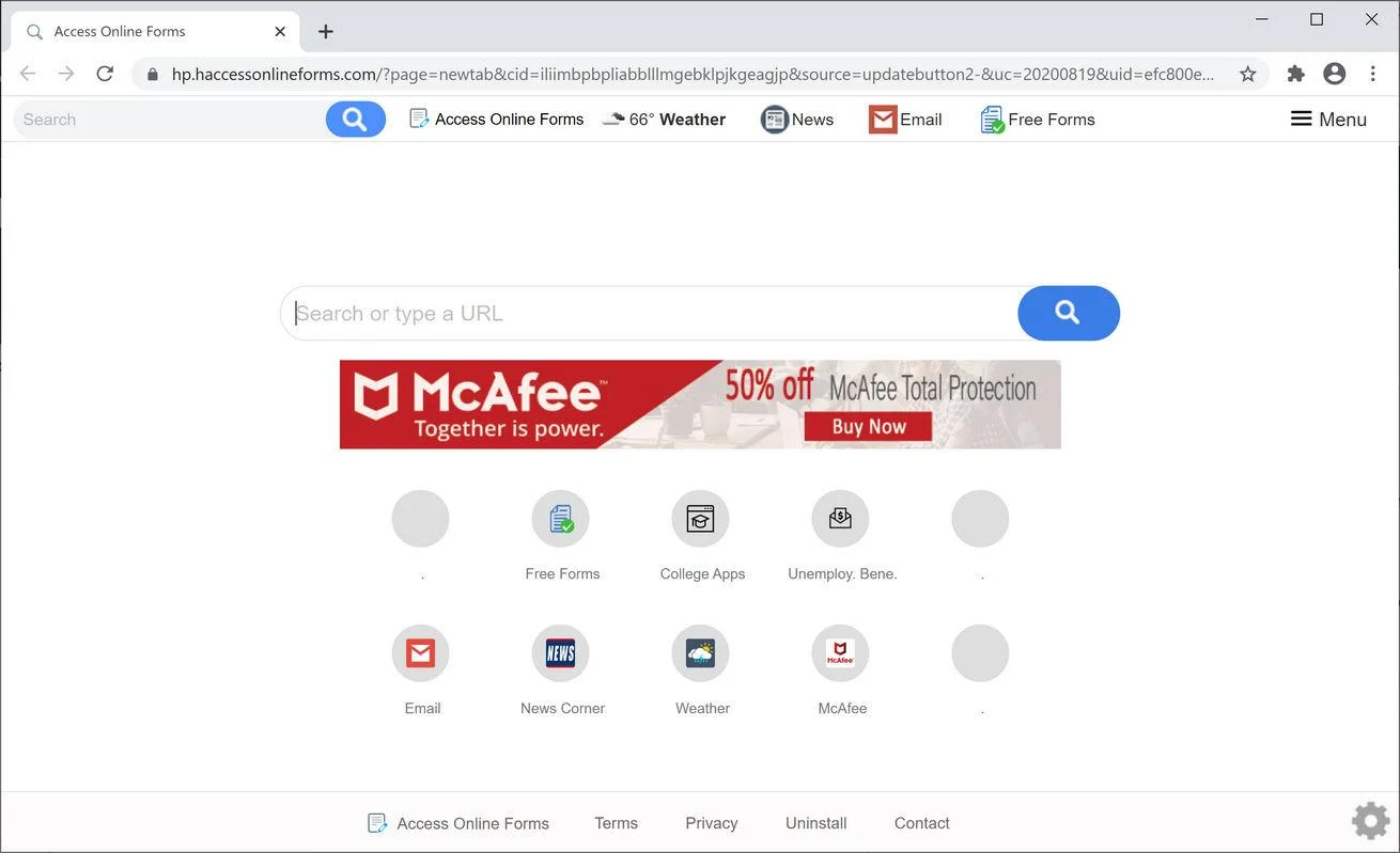 Image: Chrome browser is redirected to Search.haccessonlineforms.com