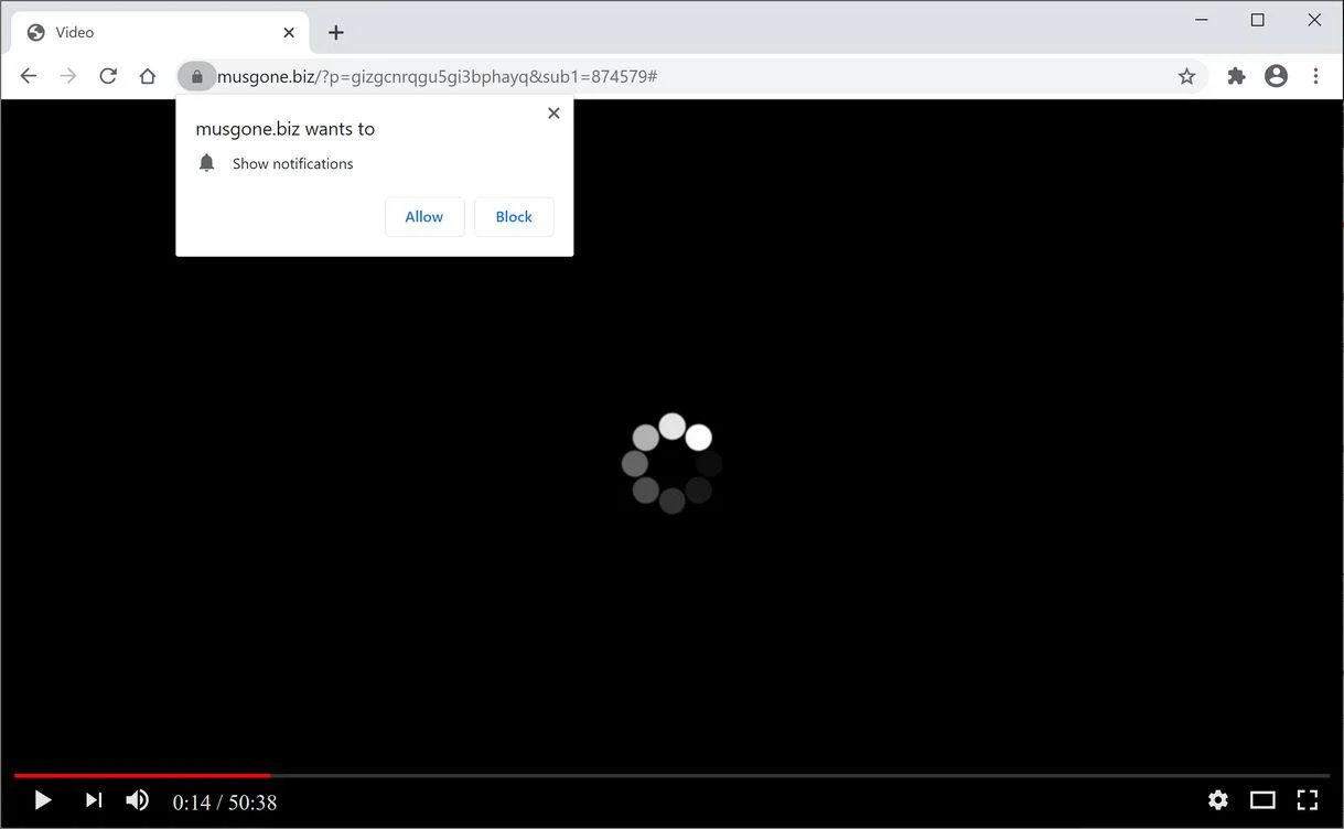 Image: Chrome browser is redirected to Musgone.biz