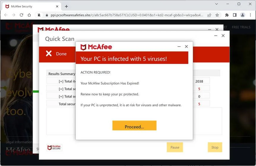 Remove Pcsoftwaresafeties.site Ads (Virus Removal Guide) 1 Image: Pcsoftwaresafeties.site Fake McAfee Virus Alert
