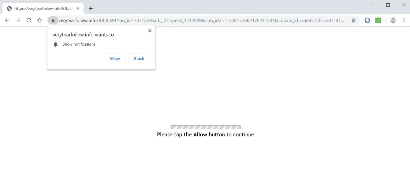 Image: Chrome browser is redirected to Verytearfoilew.info