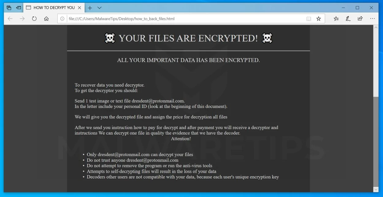 Remove {Dresdent@protonmail.com}DDT ransomware (Virus Removal Guide) 1 Image: how_to_back_files Ransom Note