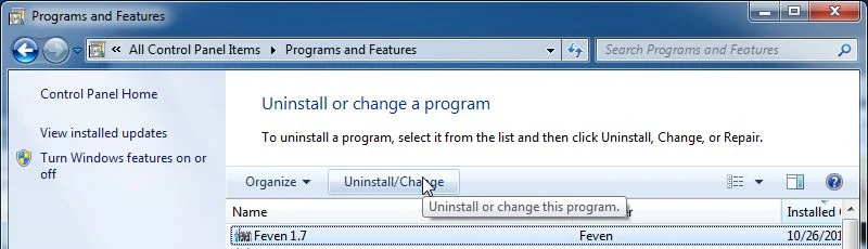 [Image: Uninstall Feven 1.7 program from Windows]