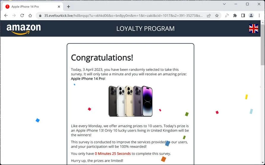 Screenshot of Evefourkick.live Fake Survey