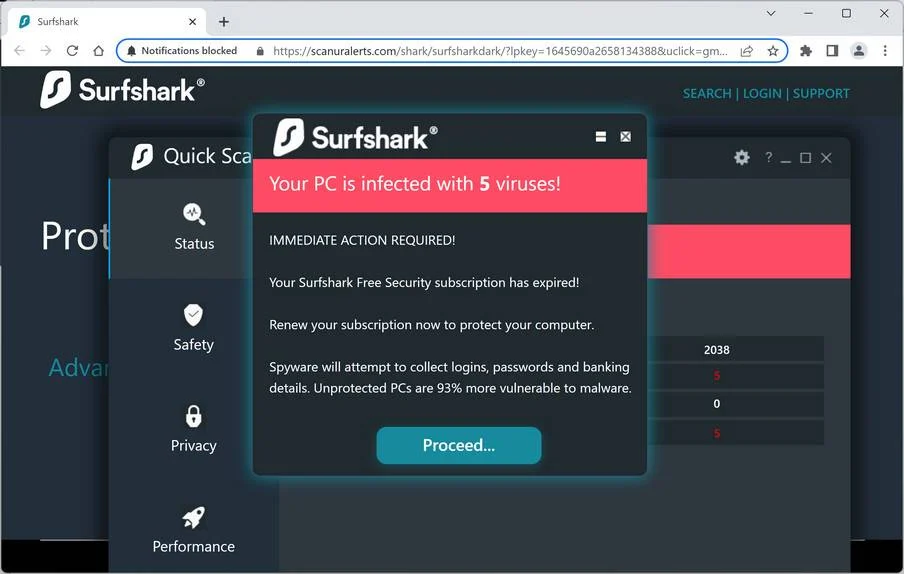 Image: Surfshark Your PC Is Infected With 5 Viruses Pop-up