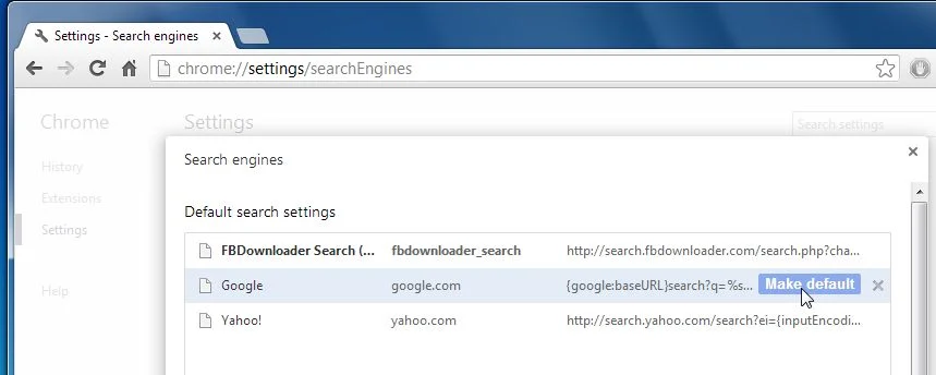 [Image: Change default search engine from FbDownloader Search to Google]