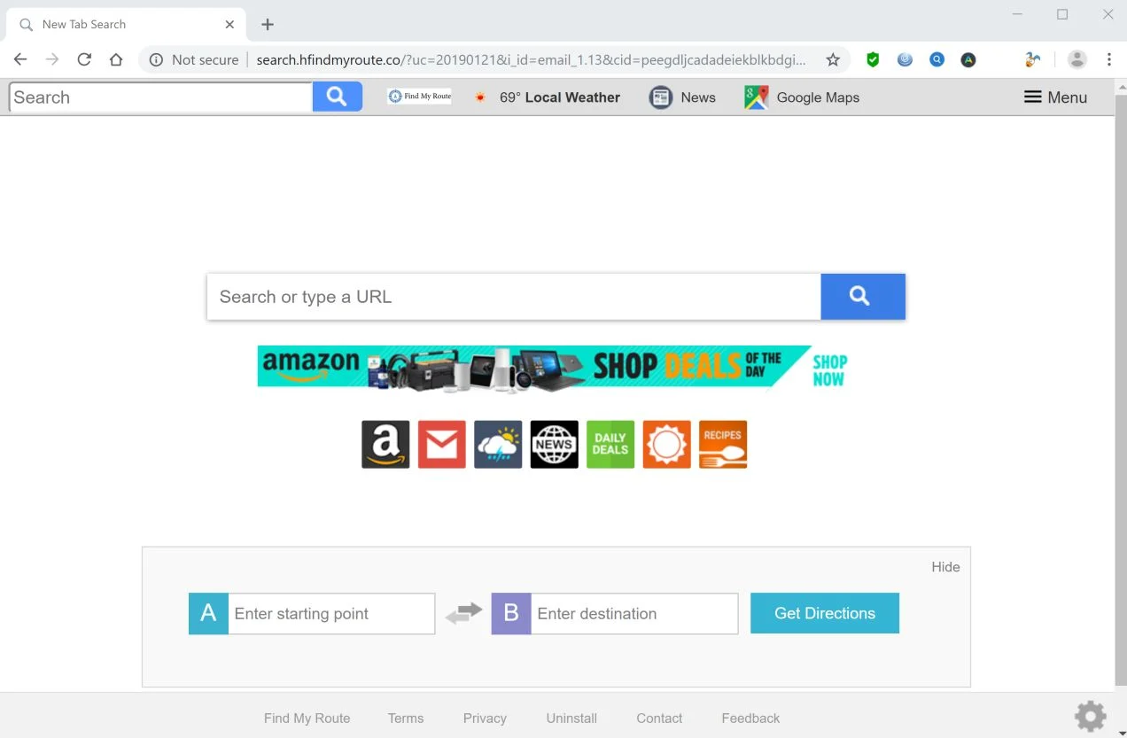 How to remove Search.hfindmyroute.co redirect (Virus Removal Guide) 1 Image: Chrome browser is redirected to search.hfindmyroute.co