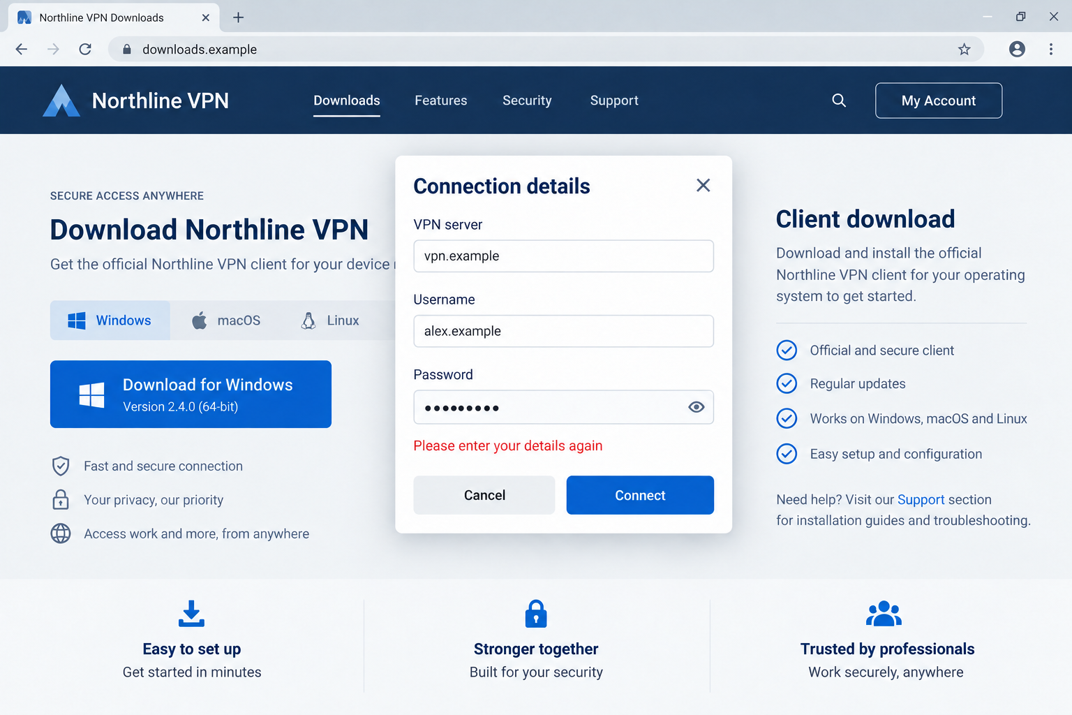 Fictional VPN download interface illustrating a connection-details request and forced retry