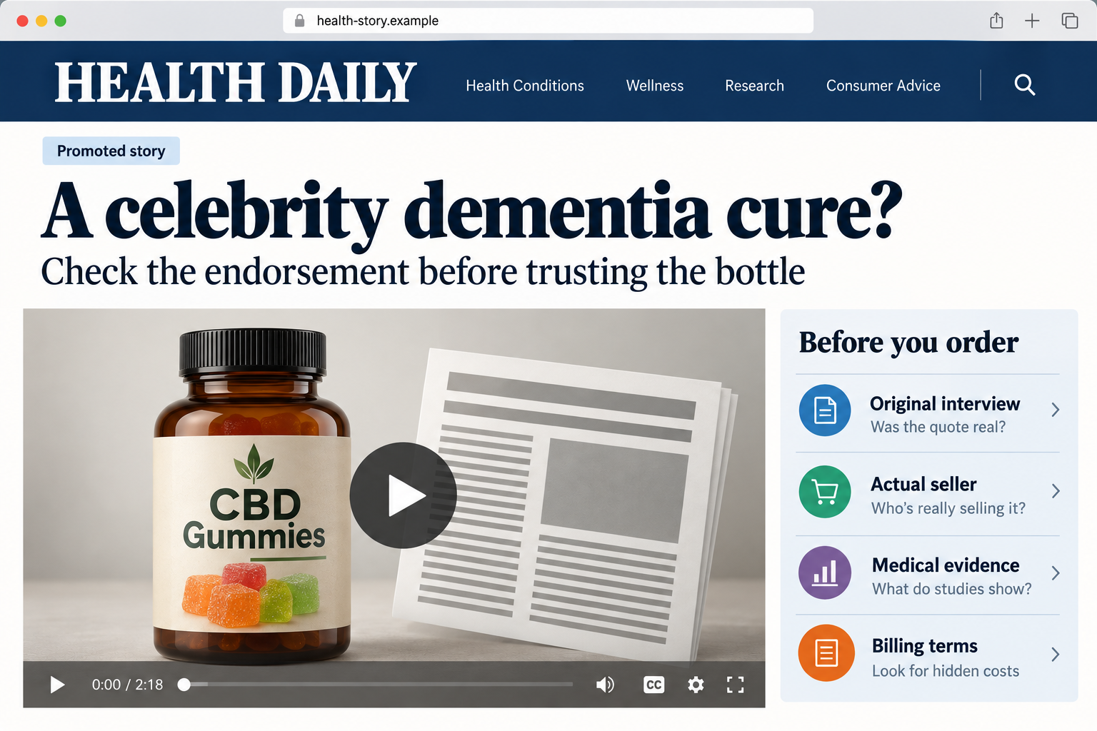 Michael J. Fox Dementia Cure Scam Exposed: Fake News and CBD Gummy Ads 1 Illustrative advertorial showing a generic celebrity dementia-cure pitch and CBD gummy offer, not an authentic endorsement