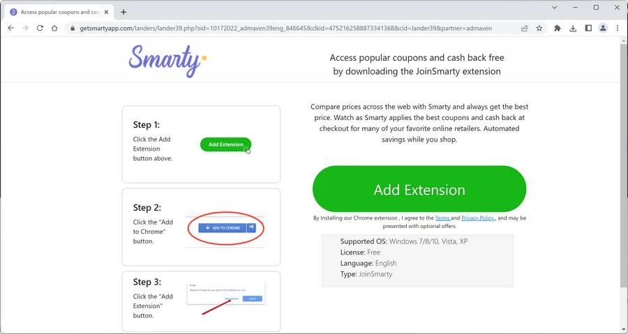 Image: Getsmartyapp.com browser redirect
