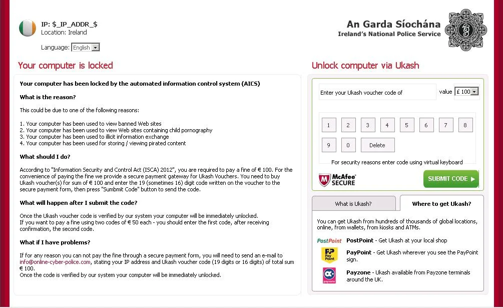 An Garda Síochána virus An Garda Síochána Ukash