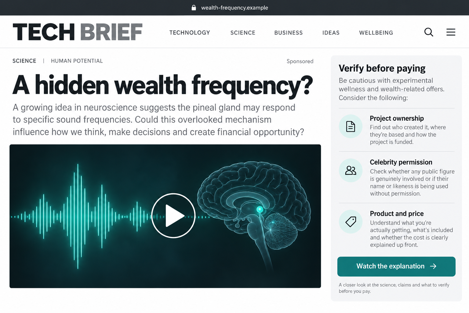 Elon Musk Pineal Gland Scam Exposed: Fake Wealth Frequency Video Offers 1 Fictional technology-news advertorial illustrating a pineal-gland wealth-frequency pitch, not an authentic Elon Musk interview or X company announcement