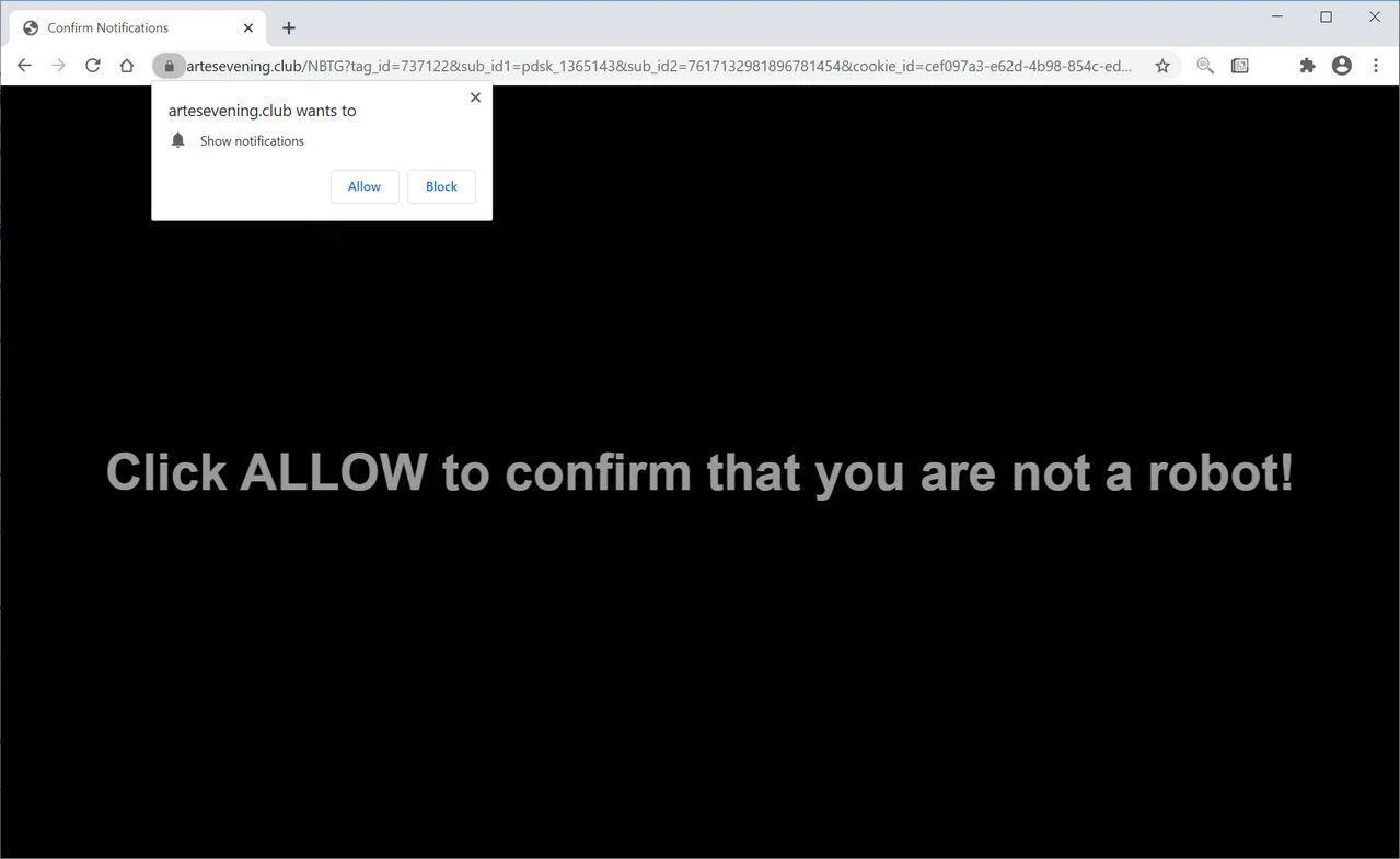 Remove Artesevening.club pop-up ads (Virus Removal Guide) 1 Image: Chrome browser is redirected to Artesevening.club