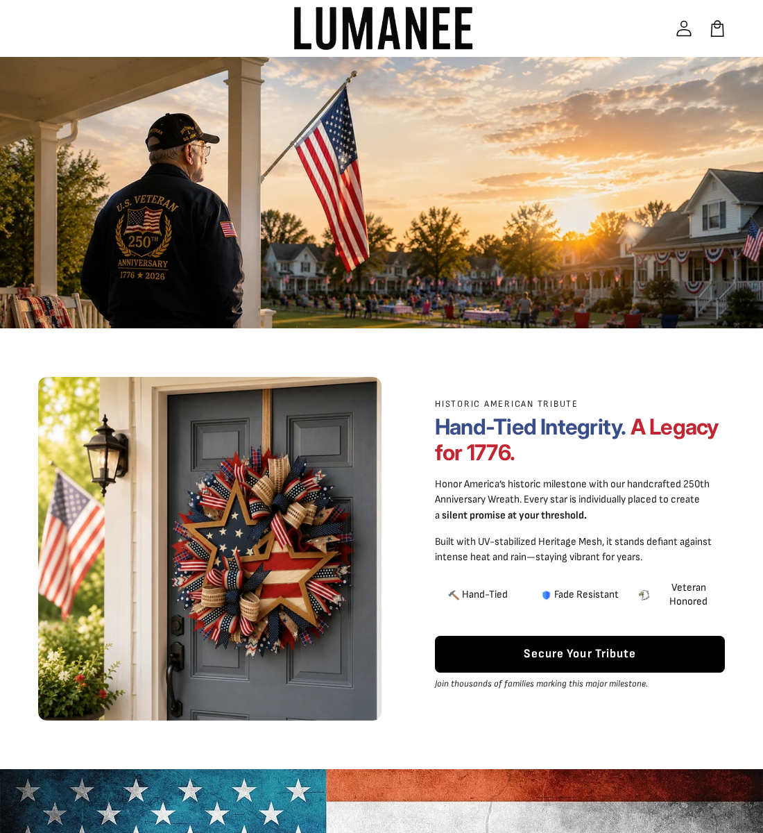 Lumanee storefront promoting an American anniversary wreath with patriotic porch imagery