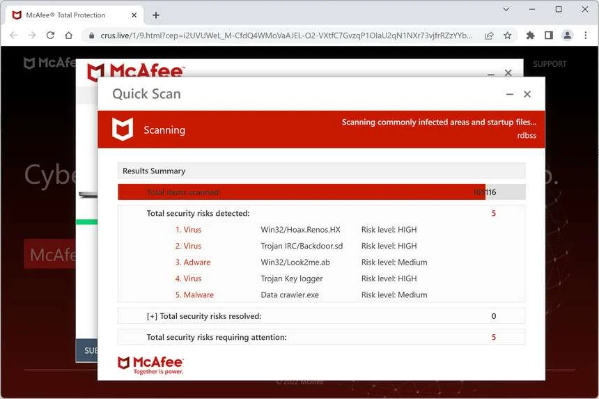 Image: Crus.live Fake McAfee Virus Alert