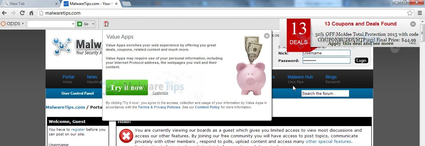 [Image: Value Apps pop-up ads]
