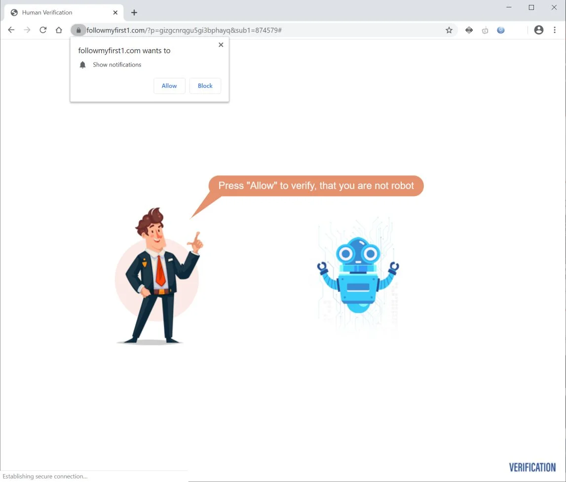 Image: Chrome browser is redirected to Followmyfirst1.com