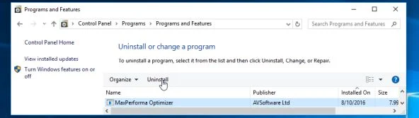 Uninstall MaxPerforma Optimizer