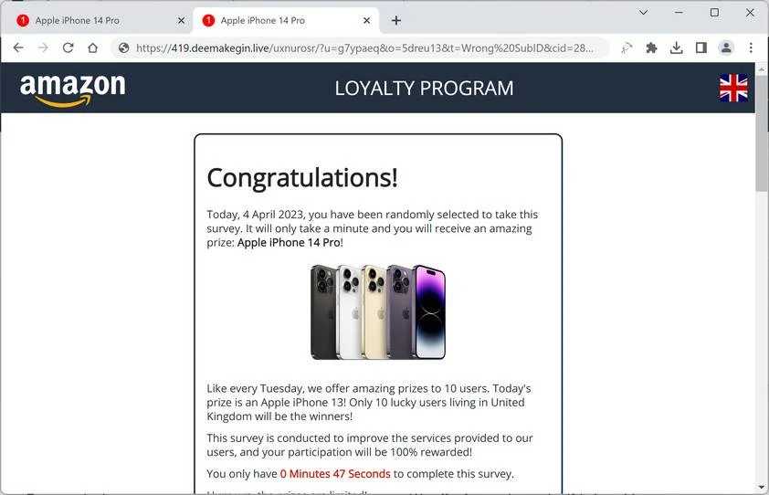 Screenshot of Deemakegin.live Fake Survey