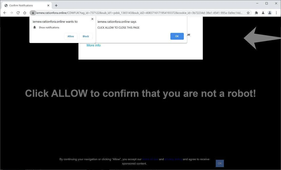 Image: Chrome browser is redirected to Rationfora.online