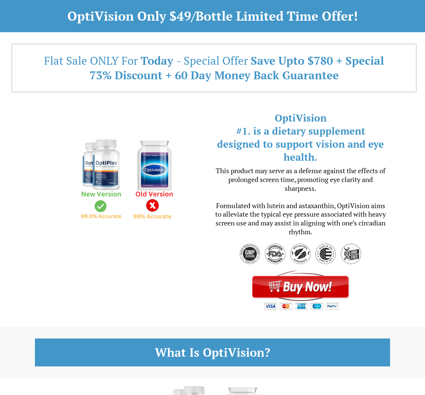 OptiVision Investigated: Formula Conflicts and the OptiPlax Buying Route 1 Original OptiVision promotion showing OptiPlax as a new version, contrasting accuracy claims, and an FDA approval badge