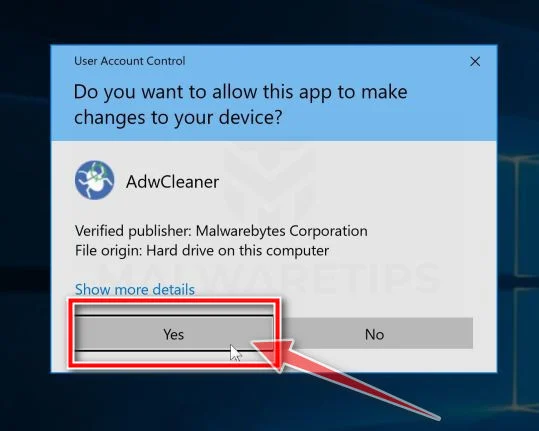 Click Yes to allow AdwCleaner to run AdwCleaner and Windows User Account Control Pop-up