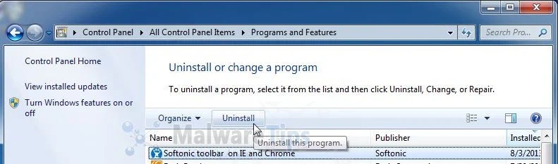 [Image: Uninstall Softonic Toolbar from your computer]