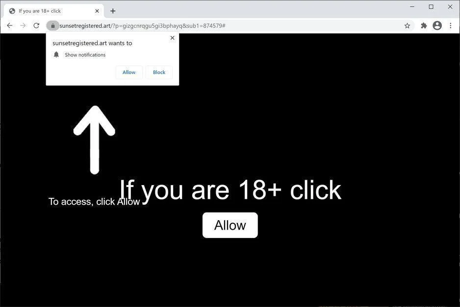 Image: Chrome browser is redirected to Sunsetregistered.art