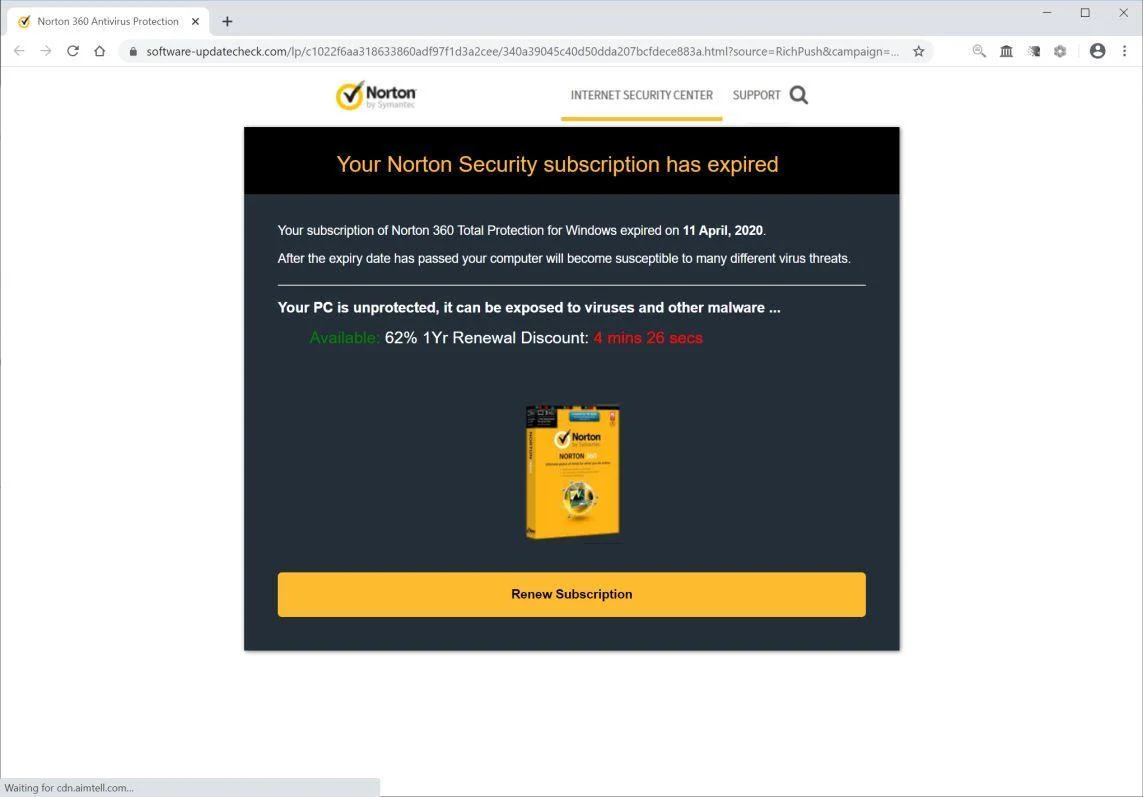 How to Remove "Your Norton Security Subscription Has Expired" Scam 1 Image: Your Norton Security subscription has expired Scam