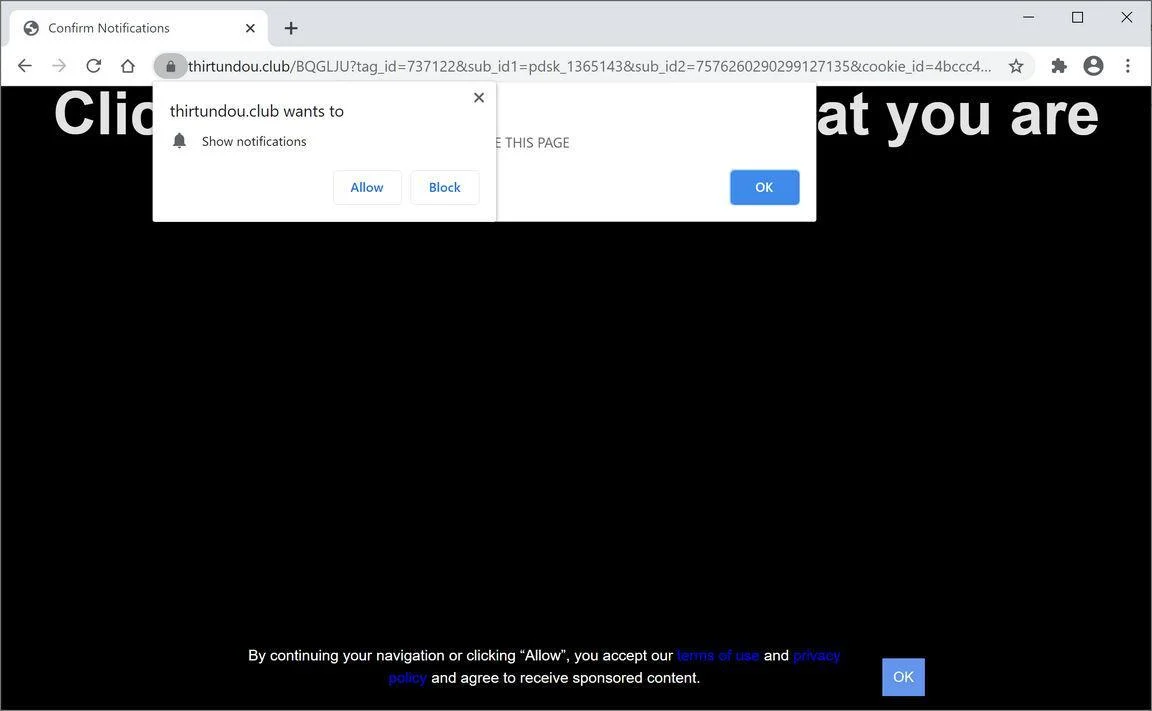 Image: Chrome browser is redirected to Thirtundou.club