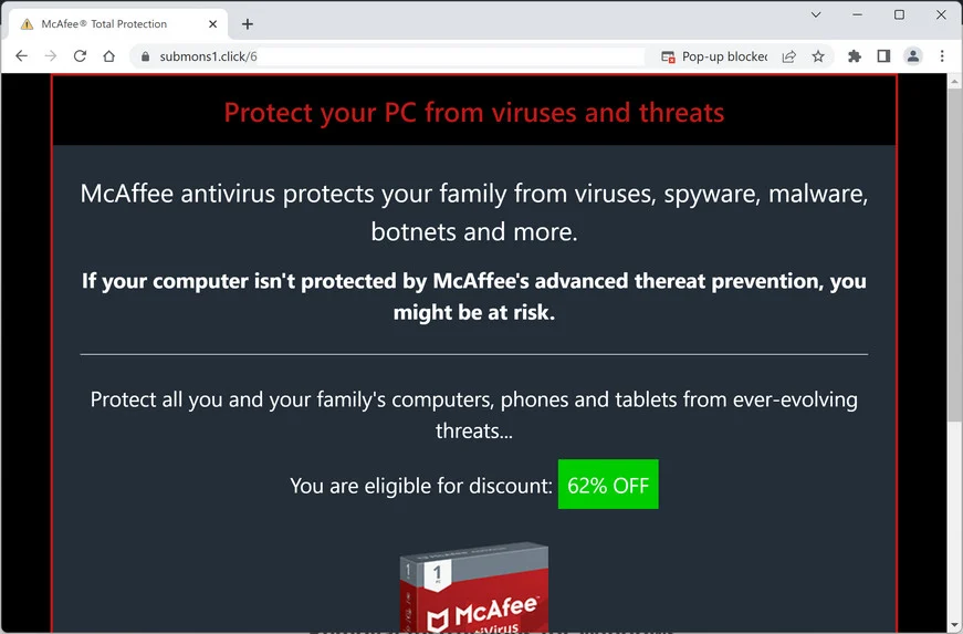 Image: Submons1.click Fake McAfee Virus Alert