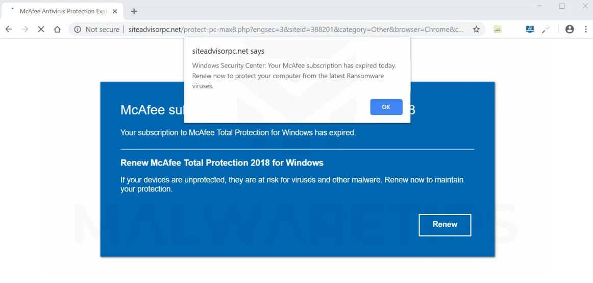 siteadvisorpc.net pop-up scam virus
