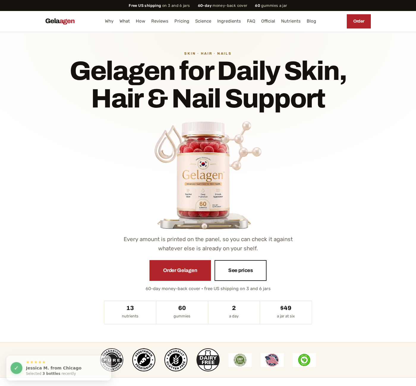 Original Gelagen affiliate page presenting skin gummies, ingredient information, and a purchasing route rather than a celebrity-approved kitchen recipe