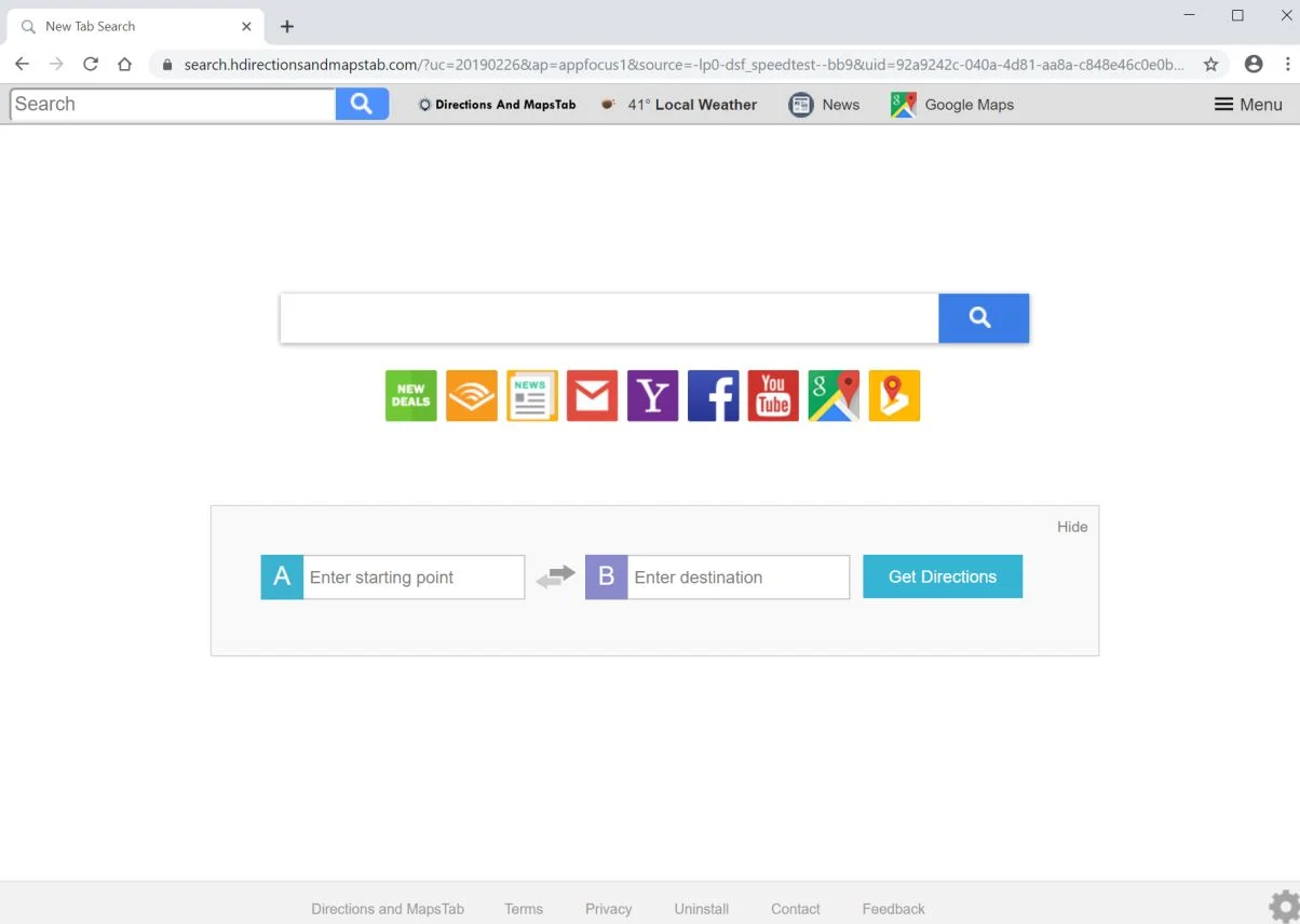 Image: Chrome browser is redirected to the search.hdirectionsandmapstab.com site