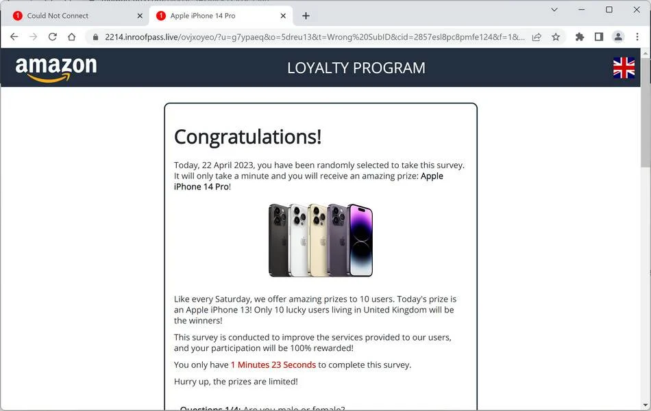 Screenshot of Inroofpass.live Fake Survey