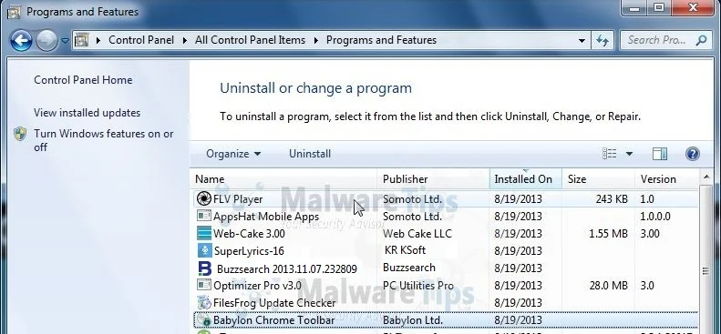 [Image: Uninstall BuzzSearch program from Windows]