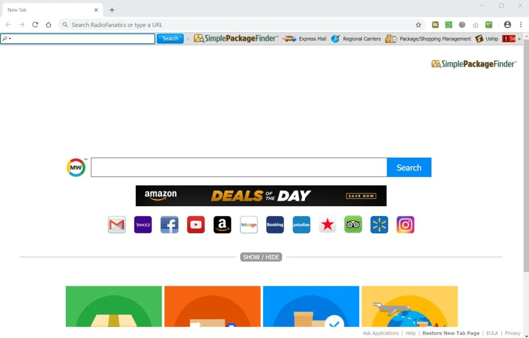 How to remove SimplePackageFinder redirect (Uninstall Guide) 1 Image: Chrome browser is redirected to SimplePackageFinder