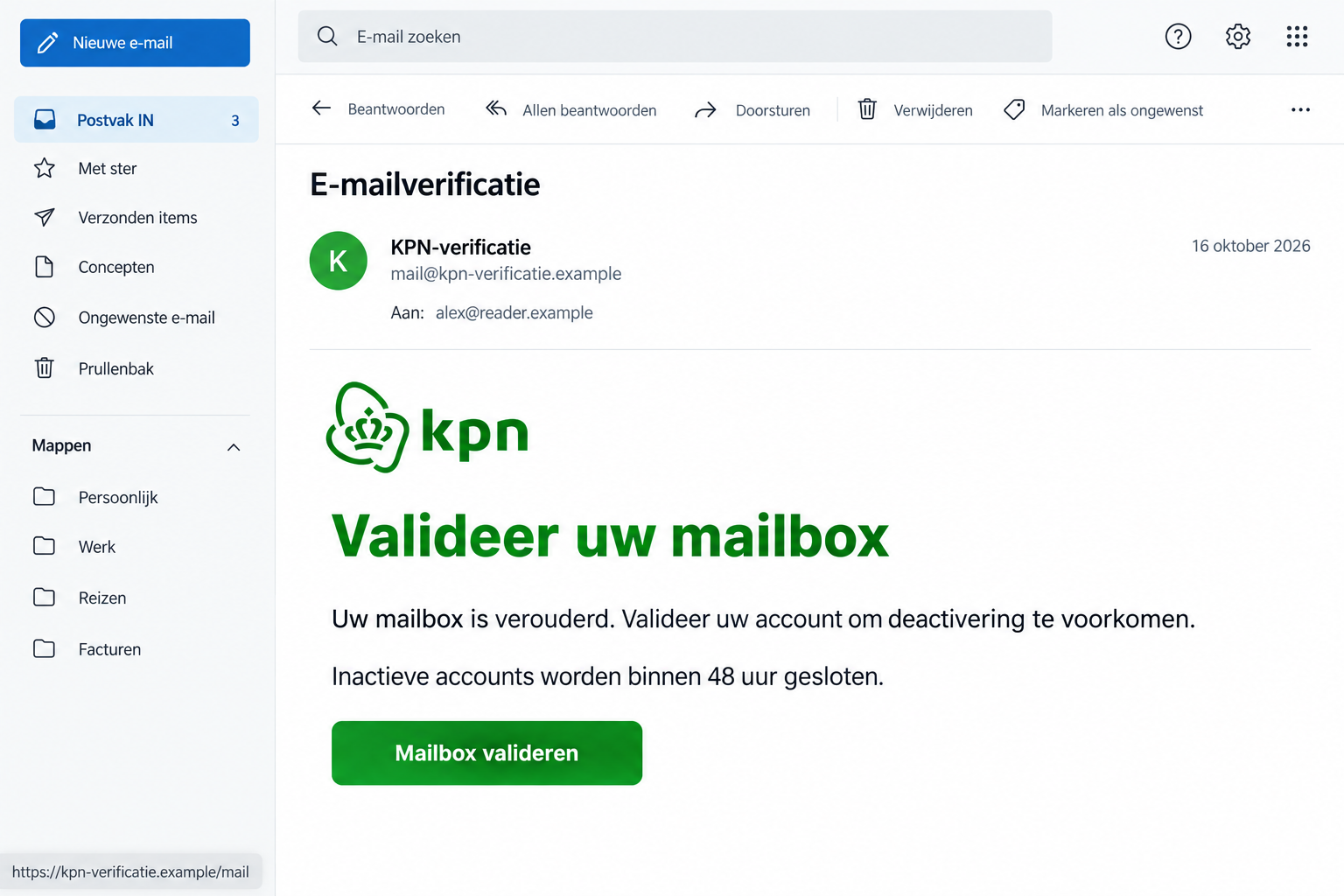 Illustrative KPN mailbox verification email with a false closure warning and fictional sender address