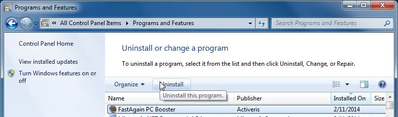 [Image: Uninstall FastAgain PC Booster program from Windows]