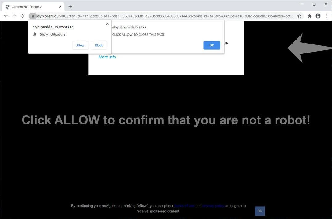 Image: Chrome browser is redirected to Elypionshi.club