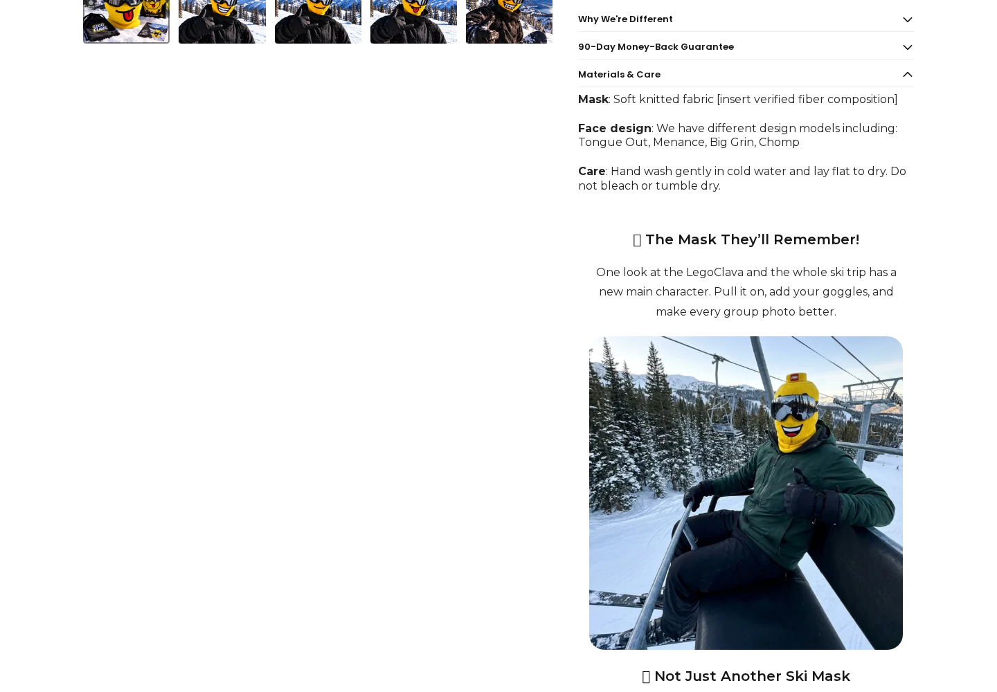 LegoClava Ski Mask Review: Missing Fabric Details and Bundle Buying Risks 2 LegoClava materials accordion opened to show unfinished fiber composition information