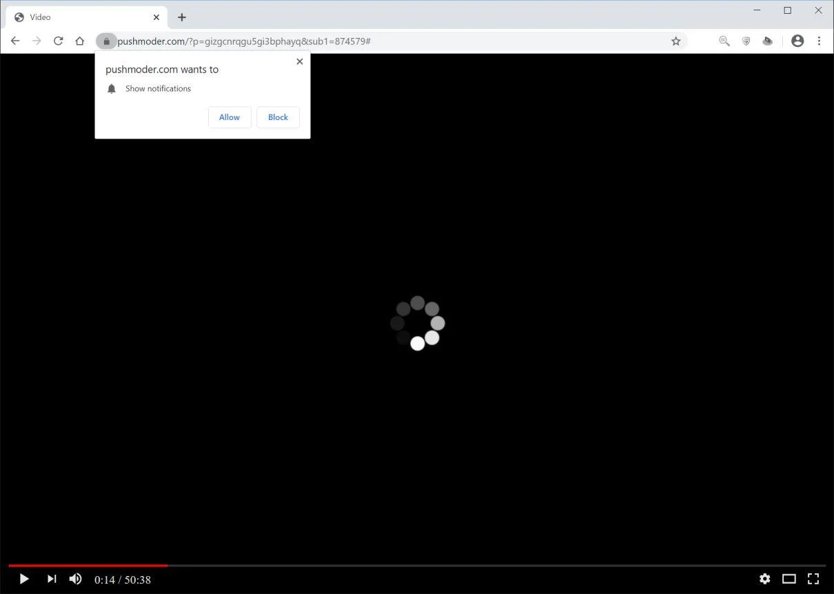 Image: Chrome browser is redirected to Pushmoder.com