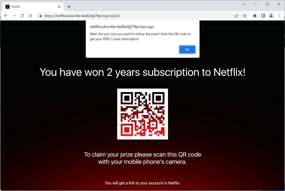 Remove Netflixsubscribe.4ad6ufgl79pr.top Pop-up Scam 1 Image: Chrome browser is redirected to Netflixsubscribe.4ad6ufgl79pr.top
