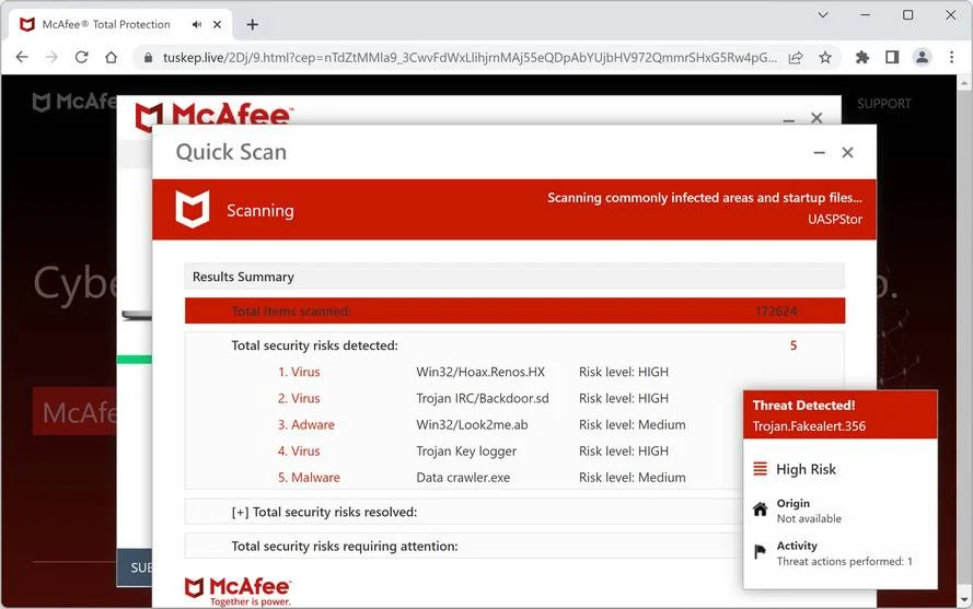 Screenshot of Tuskep.live Fake Antivirus Scan