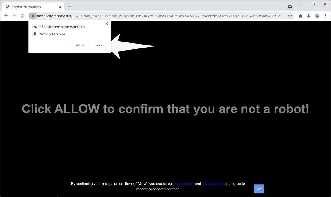 Image: Chrome browser is redirected to Allyimporta.fun
